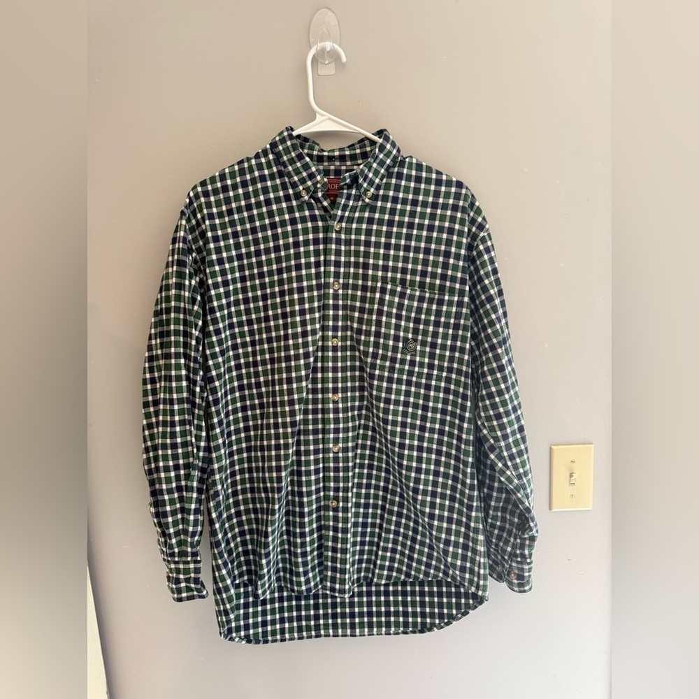 Roper Button Down Shirt Mens SZ M Green Navy Gingham Plaid Collared Long Sleeve